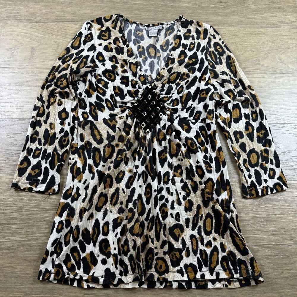 Alberto Makali Top Women Large Leopard Vneck Embellished Tie Knot Detail